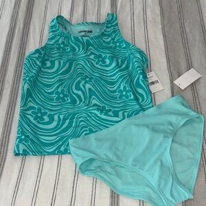 Lands' End Girls' Aqua Floral Swirl Tankini Set
